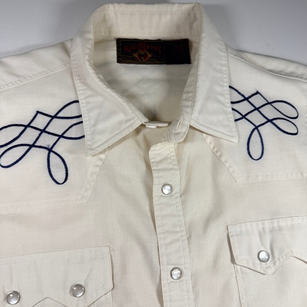 Vintage 70s Rio Grande Western Shirt XL Ivory Pearl Snap Embroidered Cowboy